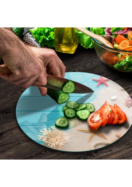 Cam Kesme Tahtası Yuvarlak Turkuaz Yaz Desenli 30X30 cm fırsatları