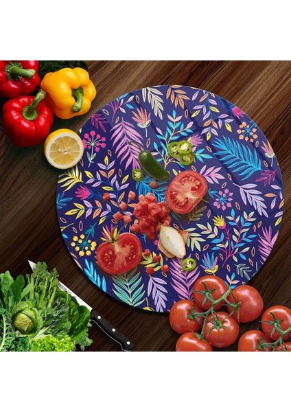 Cam Kesme Tahtası Yuvarlak Renkli Yaprak Desenli 30X30 cm modelleri