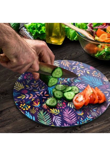 Cam Kesme Tahtası Yuvarlak Renkli Yaprak Desenli 30X30 cm fırsatları