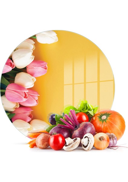 Cam Kesme Tahtası Yuvarlak Sarı Lale Desenli 30X30 cm