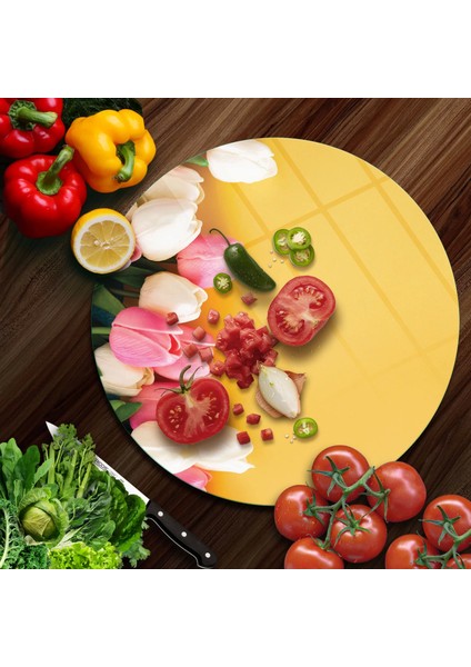 Cam Kesme Tahtası Yuvarlak Sarı Lale Desenli 30X30 cm modelleri