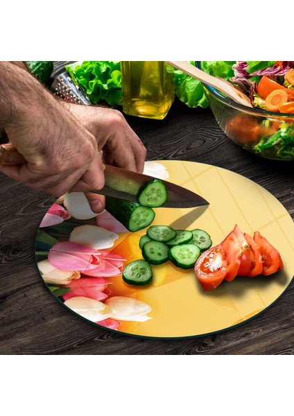 Cam Kesme Tahtası Yuvarlak Sarı Lale Desenli 30X30 cm fırsatları