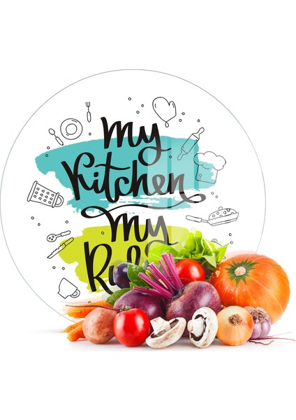Cam Kesme Tahtası Yuvarlak My Kitchen My Rules Desenli 30X30 cm