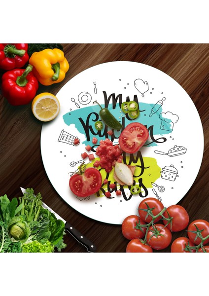 Cam Kesme Tahtası Yuvarlak My Kitchen My Rules Desenli 30X30 cm fiyatları