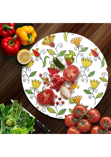 Cam Kesme Tahtası Yuvarlak Renkli Çiçekler Desenli 30X30 cm modelleri