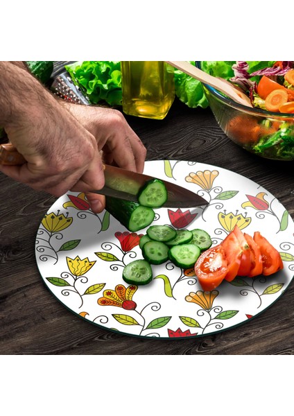 Cam Kesme Tahtası Yuvarlak Renkli Çiçekler Desenli 30X30 cm fırsatları