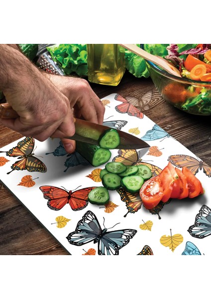 Cam Kesme Tahtası Renkli Kelebek Desenli 20X30 cm modelleri