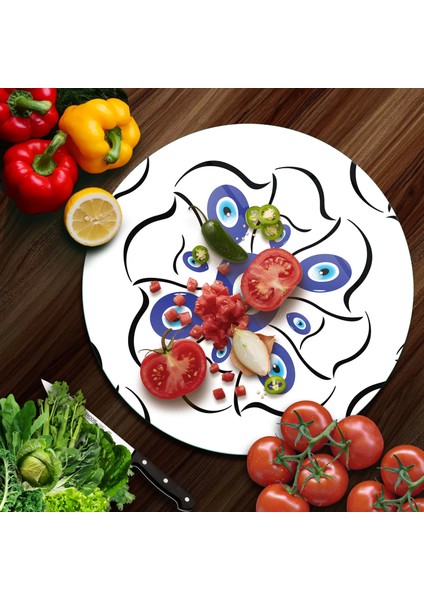 Cam Kesme Tahtası Yuvarlak Nazar Çiçekleri Desenli 30X30 cm fiyatları