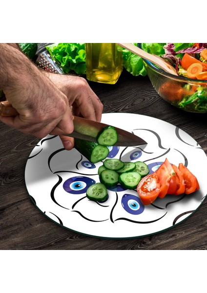 Cam Kesme Tahtası Yuvarlak Nazar Çiçekleri Desenli 30X30 cm modelleri