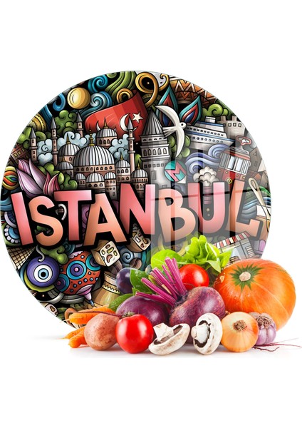 Cam Kesme Tahtası Yuvarlak Istanbul Yazılı 30X30 cm
