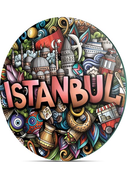 Cam Kesme Tahtası Yuvarlak Istanbul Yazılı 30X30 cm fırsatları