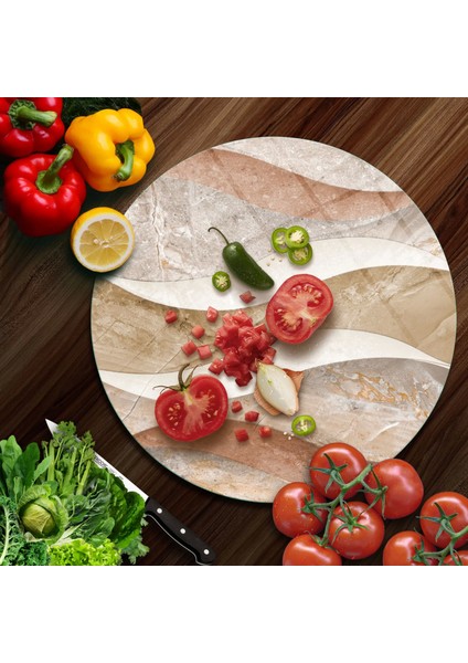 Cam Kesme Tahtası Yuvarlak Dalgalı Mermer Desenli 30X30 cm modelleri
