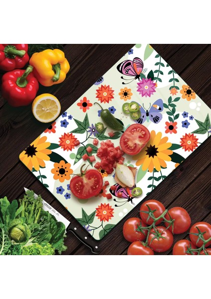 Cam Kesme Tahtası Kelebek ve Çiçek Desenli 20X30 cm modelleri