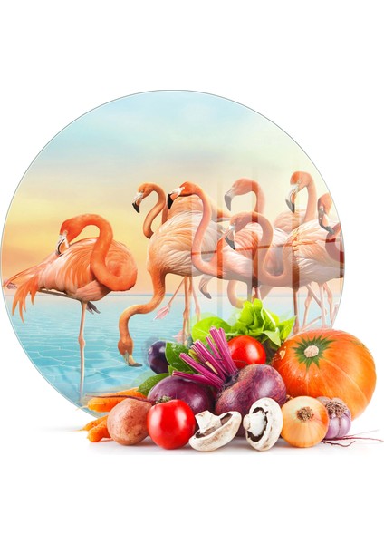 Cam Kesme Tahtası Yuvarlak Flamingo Desenli 30X30 cm