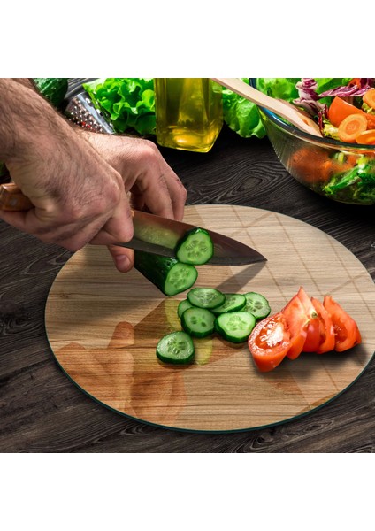 Cam Kesme Tahtası Yuvarlak Açık Ahşap Meşe Desenli 30X30 cm modelleri