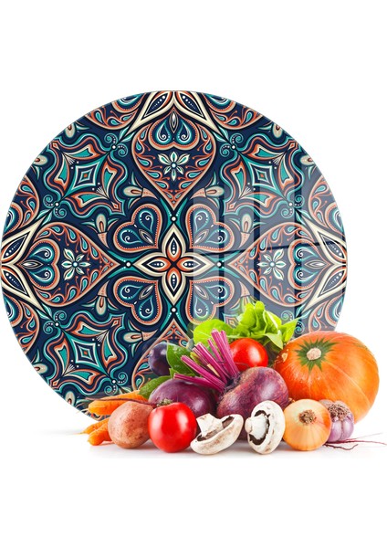 Cam Kesme Tahtası Yuvarlak Türk Motifi Desenli 30X30 cm