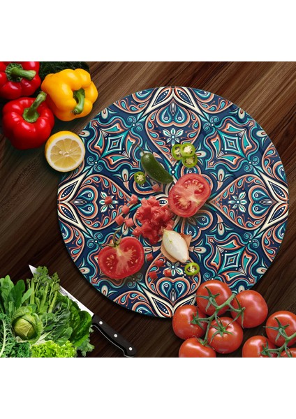 Cam Kesme Tahtası Yuvarlak Türk Motifi Desenli 30X30 cm fiyatları