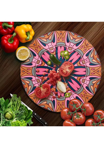Cam Kesme Tahtası Yuvarlak Mandala Desenli 30X30 cm fiyatları