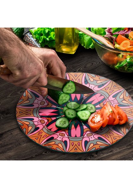 Cam Kesme Tahtası Yuvarlak Mandala Desenli 30X30 cm modelleri
