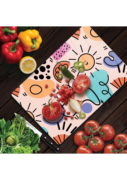Cam Kesme Tahtası Renkli Geometrik Çizgi Desenli 20X30 cm modelleri