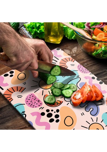 Cam Kesme Tahtası Renkli Geometrik Çizgi Desenli 20X30 cm fırsatları