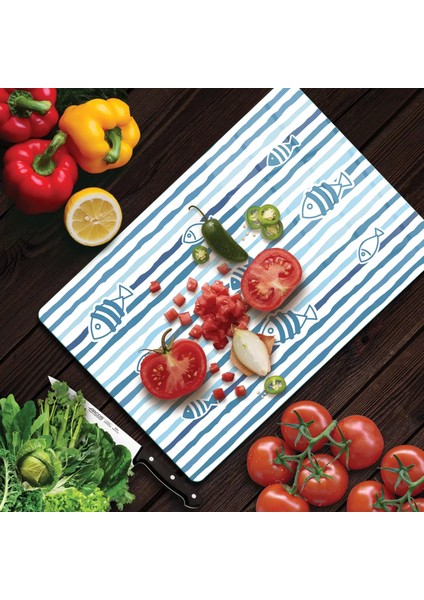 Cam Kesme Tahtası Marine Blue Fish Line 30X40 cm modelleri