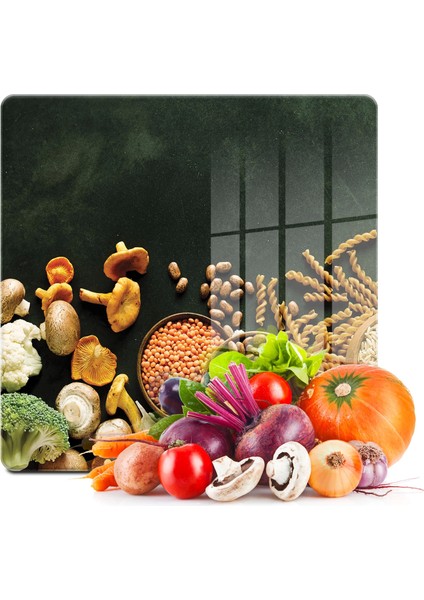 Cam Kesme Tahtası Kare Sebzeli Desenli 30X30 cm