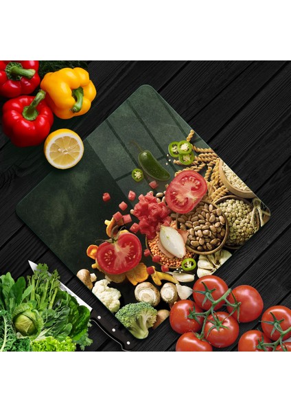 Cam Kesme Tahtası Kare Sebzeli Desenli 30X30 cm fiyatları