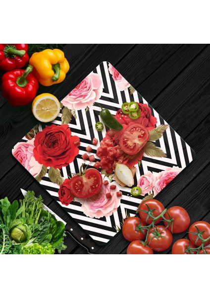 Cam Kesme Tahtası Kare Karma Gül Desenli 30X30 cm fiyatları