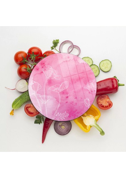 Cam Kesme Tahtası Yuvarlak Pembe Çiçek Desenli 30X30 cm fiyatları