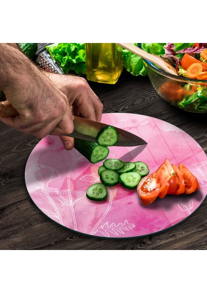 Cam Kesme Tahtası Yuvarlak Pembe Çiçek Desenli 30X30 cm fırsatları
