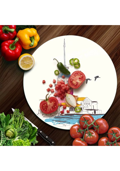Cam Kesme Tahtası Yuvarlak Kız Kulesi Desenli 30X30 cm modelleri