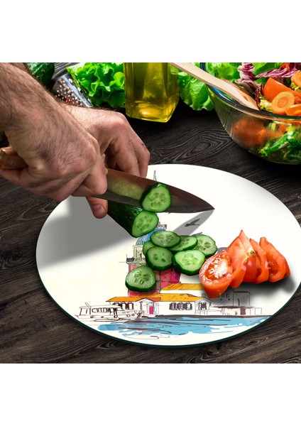 Cam Kesme Tahtası Yuvarlak Kız Kulesi Desenli 30X30 cm fırsatları