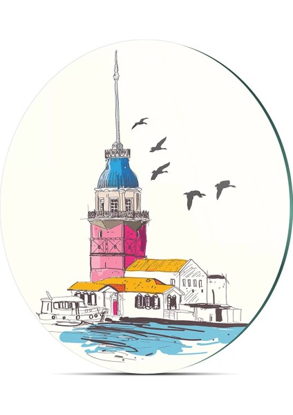 Cam Kesme Tahtası Yuvarlak Kız Kulesi Desenli 30X30 cm indirimleri
