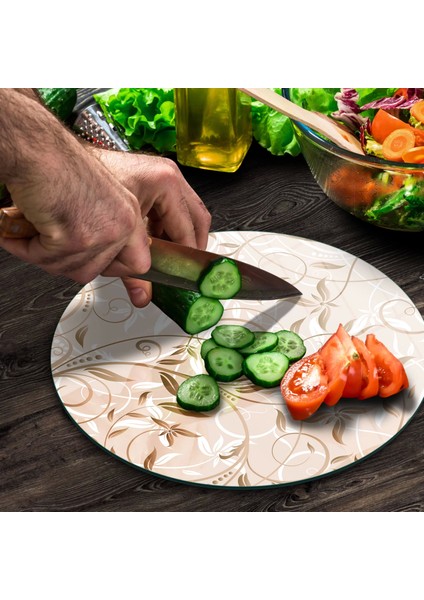 Cam Kesme Tahtası Yuvarlak Kahve Sarmaşık Desenli 30X30 cm modelleri
