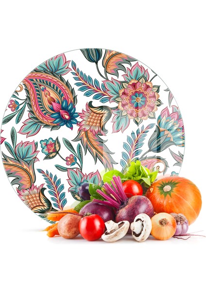 Cam Kesme Tahtası Yuvarlak Sarmaşık Motifi Desenli 30X30 cm