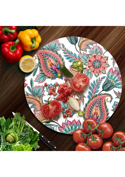 Cam Kesme Tahtası Yuvarlak Sarmaşık Motifi Desenli 30X30 cm fiyatları