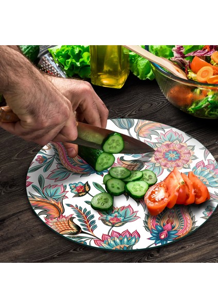 Cam Kesme Tahtası Yuvarlak Sarmaşık Motifi Desenli 30X30 cm modelleri