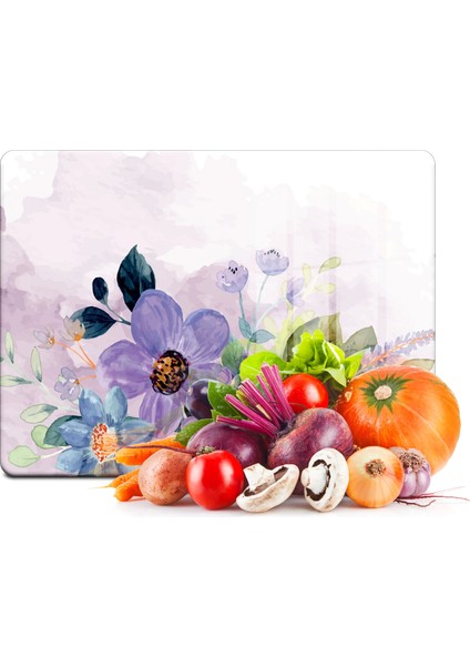 Cam Kesme Tahtası Suluboya Mor Çiçek Desenli 30X40 cm