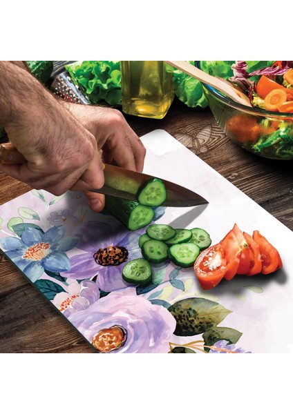 Cam Kesme Tahtası Suluboya Mor Çiçek Desenli 30X40 cm