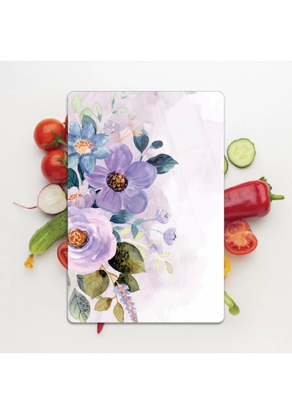 Cam Kesme Tahtası Suluboya Mor Çiçek Desenli 30X40 cm