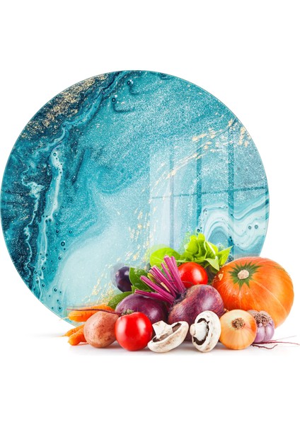 Cam Kesme Tahtası Yuvarlak Mavi Mermer Desenli 30X30 cm