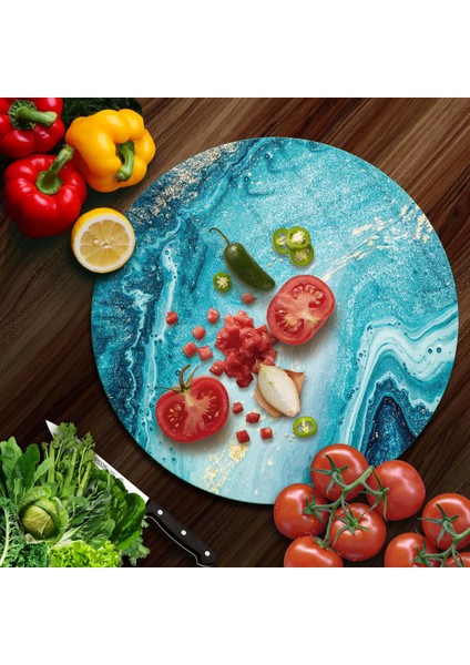 Cam Kesme Tahtası Yuvarlak Mavi Mermer Desenli 30X30 cm fiyatları
