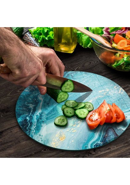 Cam Kesme Tahtası Yuvarlak Mavi Mermer Desenli 30X30 cm modelleri