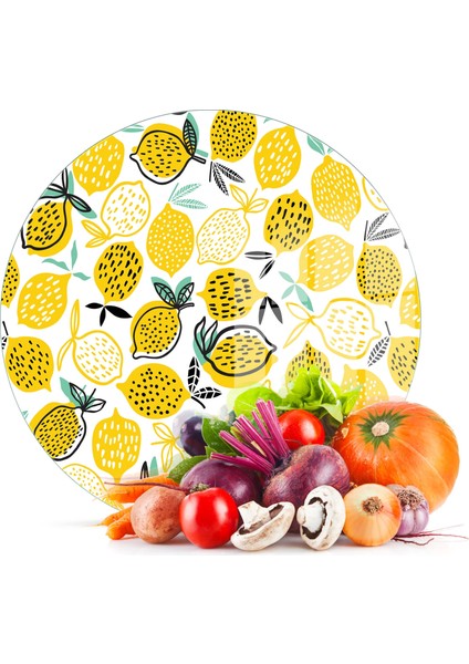 Cam Kesme Tahtası Yuvarlak Limon Desenli 30X30 cm