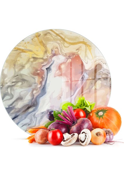Cam Kesme Tahtası Yuvarlak Karışık Mermer Desenli 30X30 cm