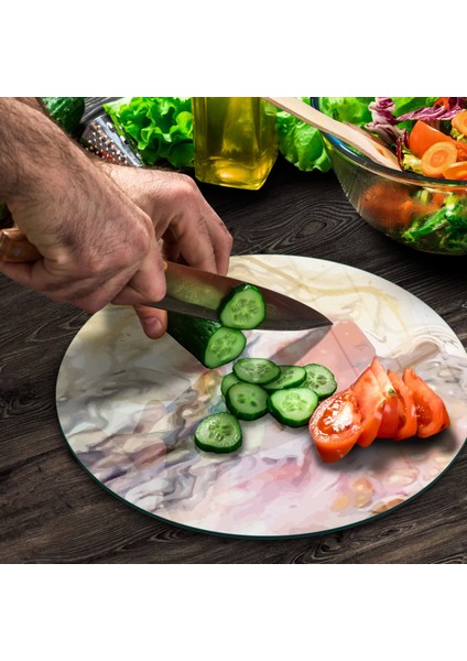 Cam Kesme Tahtası Yuvarlak Karışık Mermer Desenli 30X30 cm modelleri