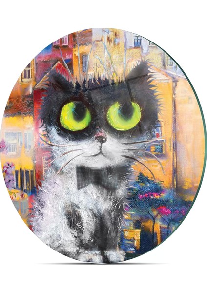 Cam Kesme Tahtası Yuvarlak Beyaz Kedi Desenli 30X30 cm