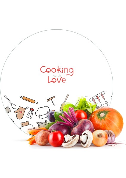 Cam Kesme Tahtası Yuvarlak Cooking Love Desenli 30X30 cm
