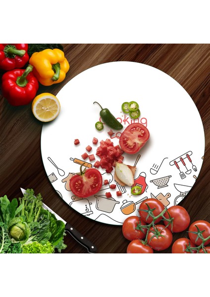 Cam Kesme Tahtası Yuvarlak Cooking Love Desenli 30X30 cm fiyatları